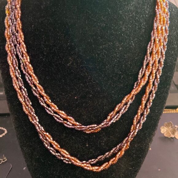 Purple & Rust Double Strand Glass Bead Necklace Boho Statement Jewelry Vintage - Picture 1 of 2